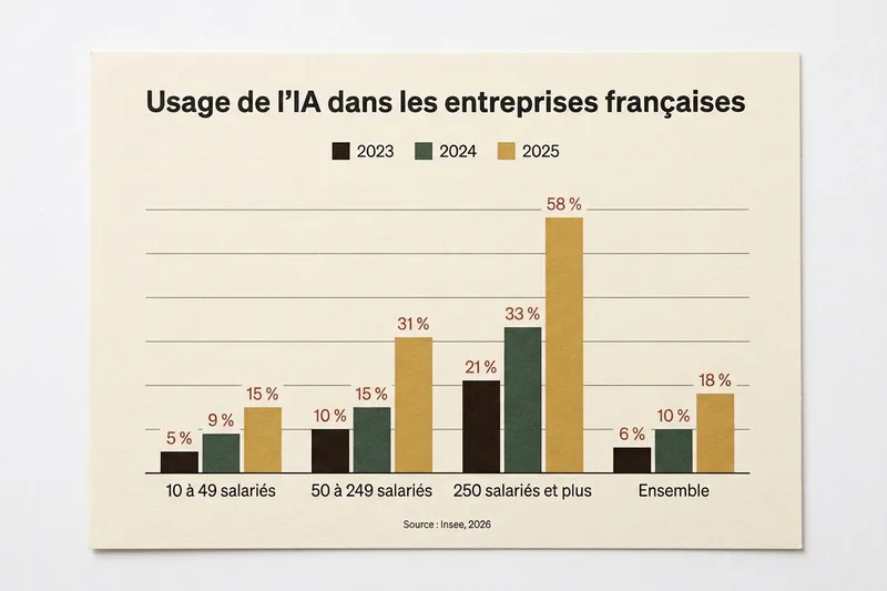 Graphique de l’usage de l’IA dans les entreprises françaises de 2023 à 2025 selon leur taille